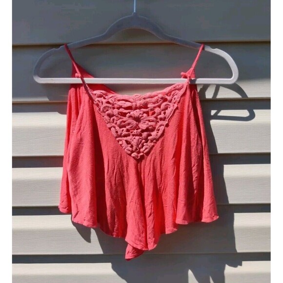 Monteau Womens Cropped Tank Spaghetti Strap Top Lace Detail Coral Medium M Top - Picture 2 of 10